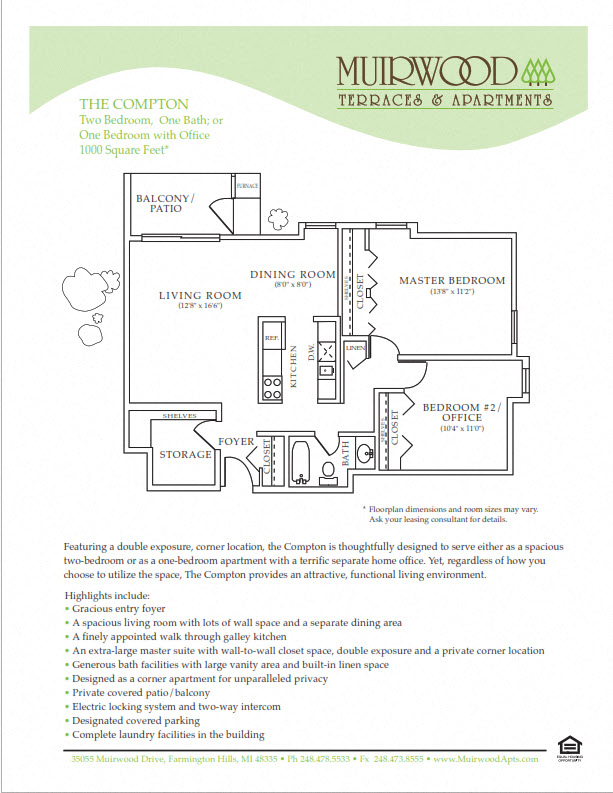 Floor plan for 2 beds, 1 bath, 940 sqft
